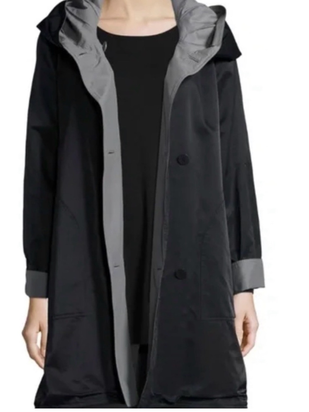 Eileen Fisher Reversible Hooded jacket coat Raincoat, Large black & gray